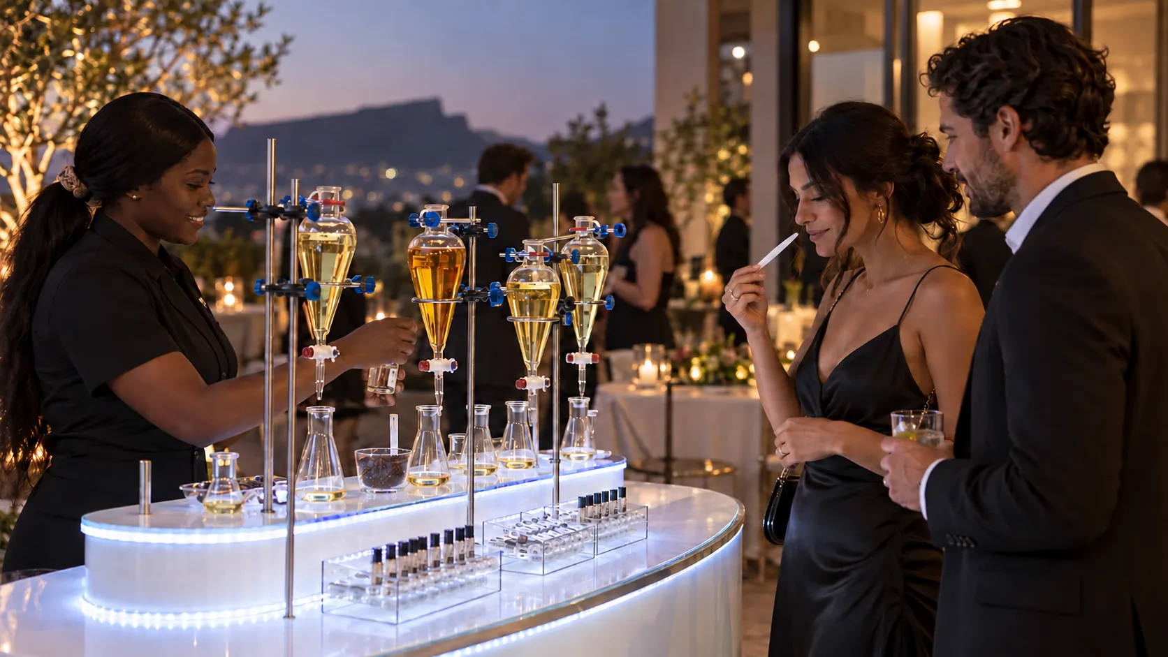 Guests exploring a luxury perfume bar at an evening event